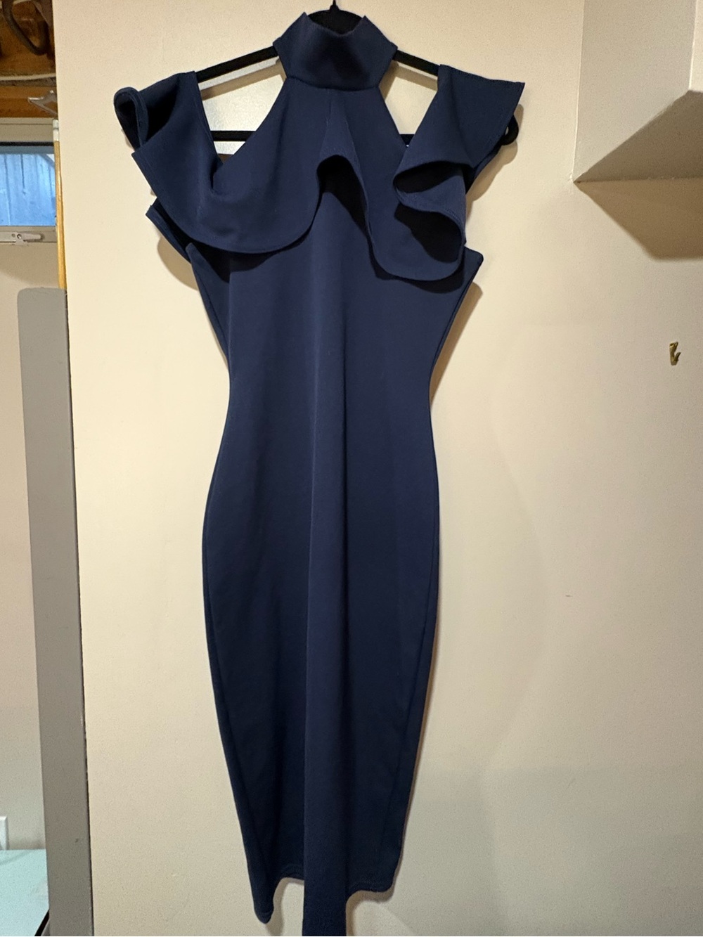 Missguided Navy Ruffle High-Neck Midi Dress